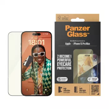 PanzerGlass ® EyeCARE™ Displayschutz iPhone 15 Pro Max | Ultra-Wide Fit m. EasyAligner