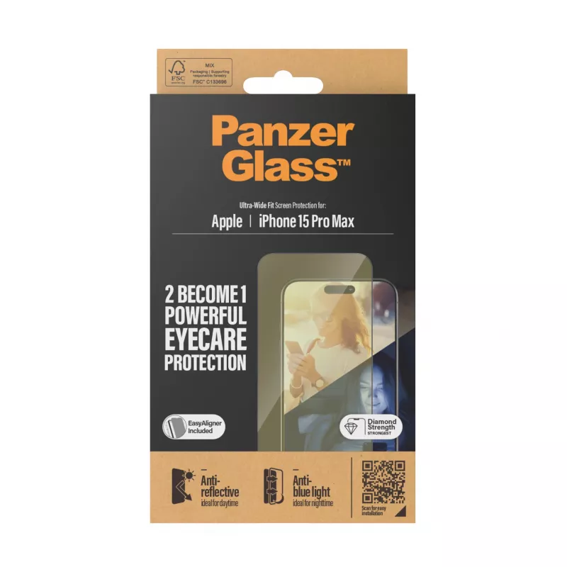 PanzerGlass ® EyeCARE™ Displayschutz iPhone 15 Pro Max | Ultra-Wide Fit m. EasyAligner