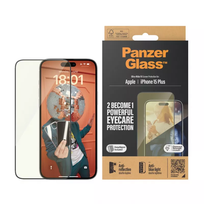 PanzerGlass Eyecare Displayschutzglas für iPhone 15 Plus — Ultra-Wide Fit, stoßfest, Trockenmontage