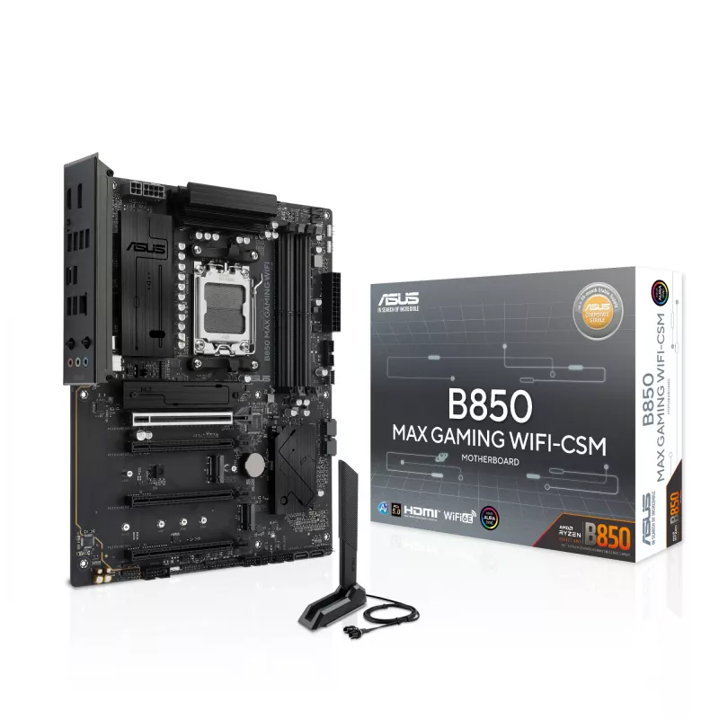 Mainboard ASUS B850 MAX GAMING WIFI Sockel AM5 ATX, AMD B850, DDR5, 4 DIMM, 256 GB, Wi‑Fi 6E, 2.5Gb Ethernet