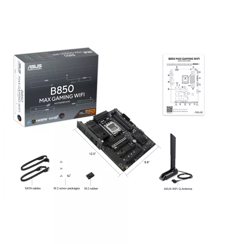 Mainboard ASUS B850 MAX GAMING WIFI Sockel AM5 ATX, AMD B850, DDR5, 4 DIMM, 256 GB, Wi‑Fi 6E, 2.5Gb Ethernet