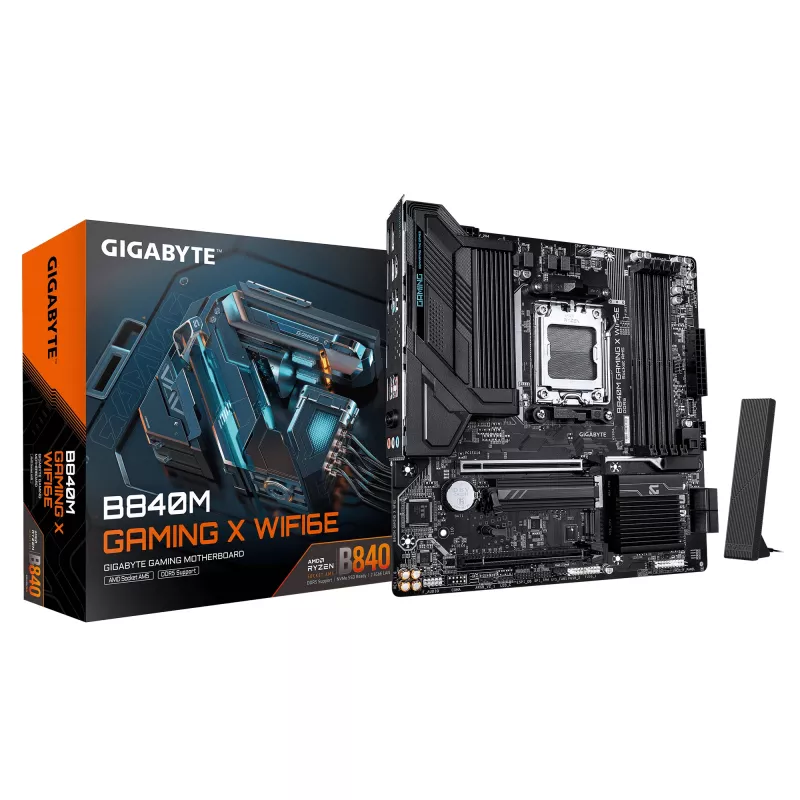 GIGABYTE B840M GAMING X WIFI6E Motherboard - AMD Ryzen 9000 CPUs, 8+2+2 Phases VRM, bis zu 8200MHz DDR5(O.C), 2xPCIe 4.0 M.2, Wi-Fi 6E, 2.5GbE LAN, USB 3.2 Gen 1