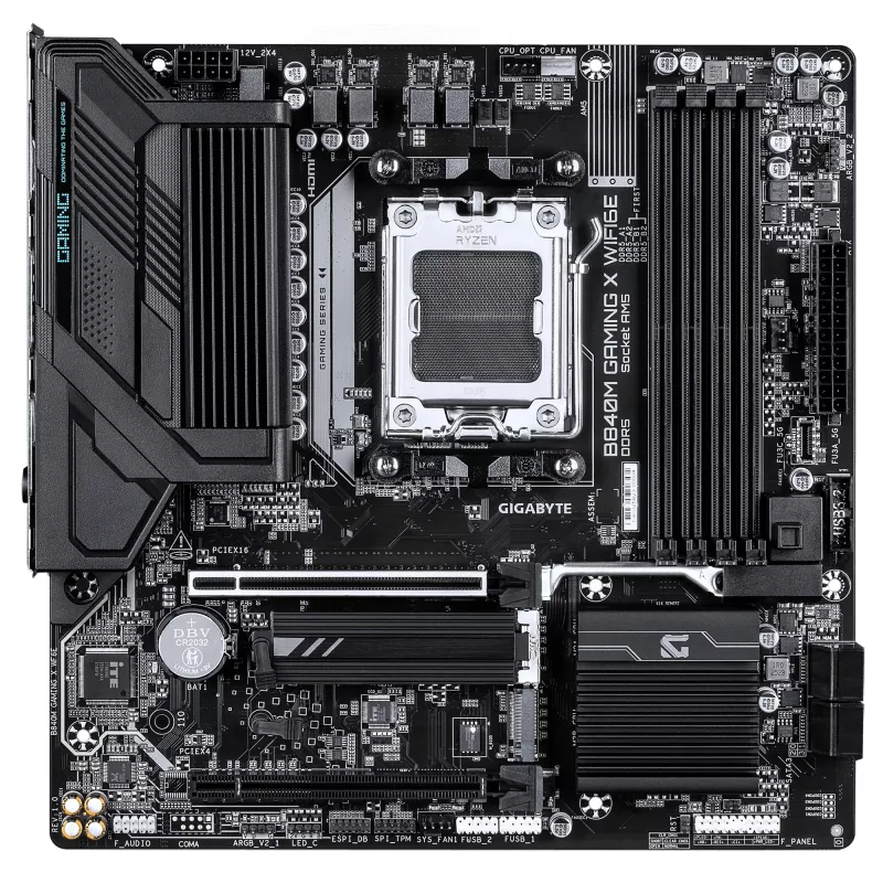 GIGABYTE B840M GAMING X WIFI6E Motherboard - AMD Ryzen 9000 CPUs, 8+2+2 Phases VRM, bis zu 8200MHz DDR5(O.C), 2xPCIe 4.0 M.2, Wi-Fi 6E, 2.5GbE LAN, USB 3.2 Gen 1