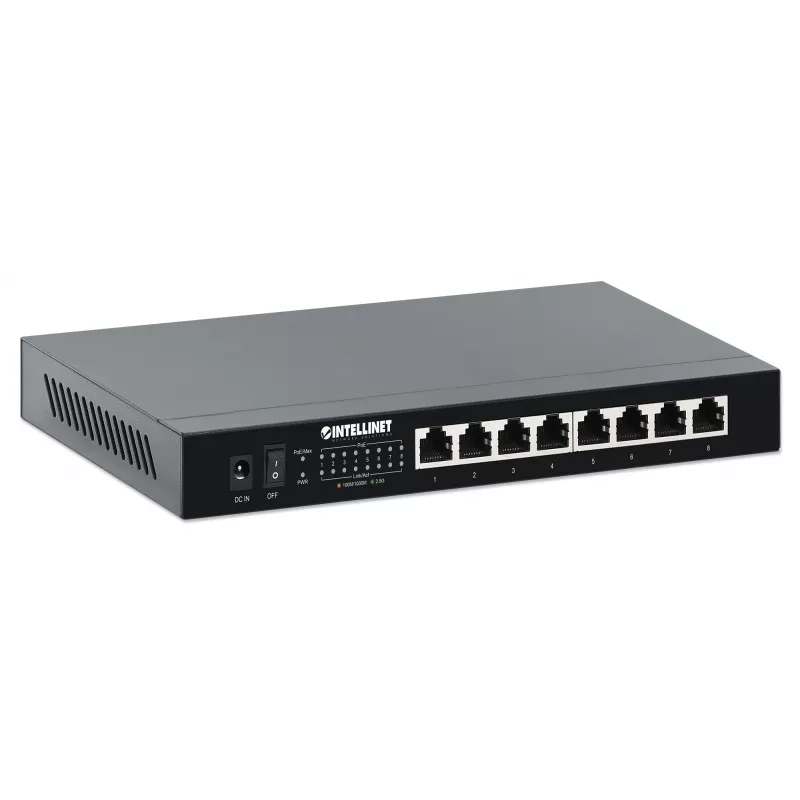 Intellinet 8-Port 2.5G Ethernet PoE+ Switch Acht 10/100/1000/2500 Mbps PSE PoE+ Ports, 100 W PoE Power Budget, Ungemanaged, Desktop-Format, Wandmontage-Option