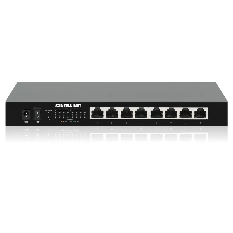 Intellinet 8-Port 2.5G Ethernet PoE+ Switch Acht 10/100/1000/2500 Mbps PSE PoE+ Ports, 100 W PoE Power Budget, Ungemanaged, Desktop-Format, Wandmontage-Option