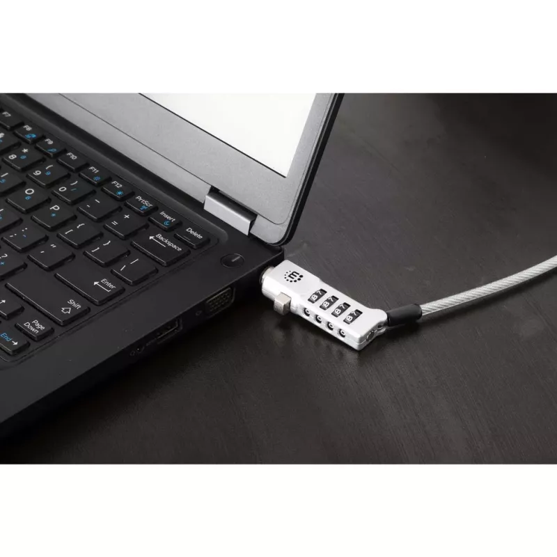 Manhattan Universal Laptop-Kombinationsschloss für Noble Wedge®, Nano und K-Slot, sicheres 3-in-1 Anti-Diebstahl-Notebookschloss, zurücksetzbare 4-stellige Kombination, 1,8 m, schnittfester Kohlenstoffstahlkabel, transluzente PVC-Ummantelung, Silber