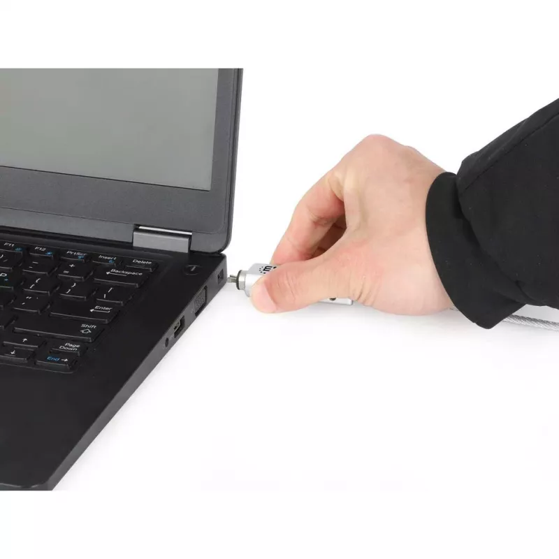 Manhattan Universal Laptop-Kombinationsschloss für Noble Wedge®, Nano und K-Slot, sicheres 3-in-1 Anti-Diebstahl-Notebookschloss, zurücksetzbare 4-stellige Kombination, 1,8 m, schnittfester Kohlenstoffstahlkabel, transluzente PVC-Ummantelung, Silber