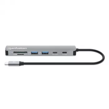 Manhattan USB-C Dock/Hub mit Kartenleser, Anschlüsse (x5): HDMI, USB-A (x2) und USB-C (x2), mit Power Delivery (PD) 100W – benötigt externes USB-C-Ladegerät (nicht enthalten). USB-betrieben (kein externes Netzteil erforderlich), wenn PD nicht verwendet wird