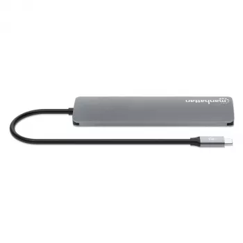 Manhattan USB-C Dock/Hub mit Kartenleser, Anschlüsse (x5): HDMI, USB-A (x2) und USB-C (x2), mit Power Delivery (PD) 100W – benötigt externes USB-C-Ladegerät (nicht enthalten). USB-betrieben (kein externes Netzteil erforderlich), wenn PD nicht verwendet wird