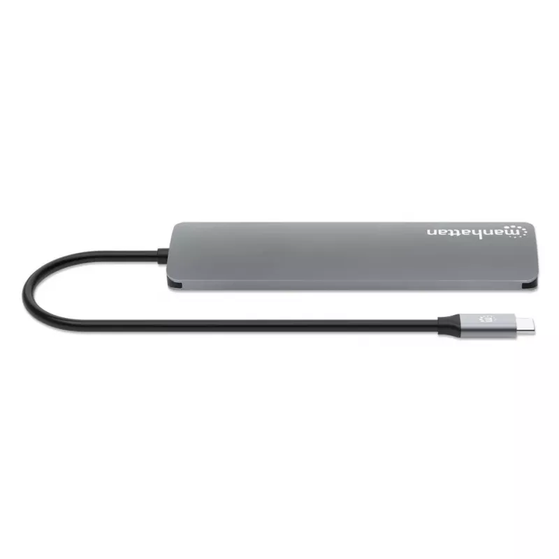 Manhattan USB-C Dock/Hub mit Kartenleser, Anschlüsse (x5): HDMI, USB-A (x2) und USB-C (x2), mit Power Delivery (PD) 100W – benötigt externes USB-C-Ladegerät (nicht enthalten). USB-betrieben (kein externes Netzteil erforderlich), wenn PD nicht verwendet wird