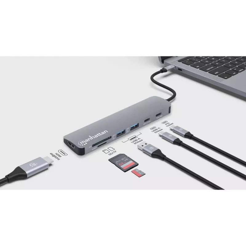 Manhattan USB-C Dock/Hub mit Kartenleser, Anschlüsse (x5): HDMI, USB-A (x2) und USB-C (x2), mit Power Delivery (PD) 100W – benötigt externes USB-C-Ladegerät (nicht enthalten). USB-betrieben (kein externes Netzteil erforderlich), wenn PD nicht verwendet wird