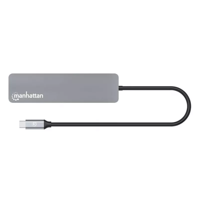 Manhattan USB-C Dock/Hub mit Kartenleser, Anschlüsse (x5): HDMI, USB-A (x2) und USB-C (x2), mit Power Delivery (PD) 100W – benötigt externes USB-C-Ladegerät (nicht enthalten). USB-betrieben (kein externes Netzteil erforderlich), wenn PD nicht verwendet wird