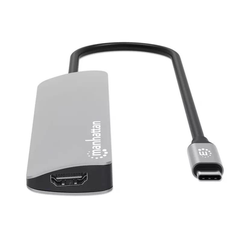 Manhattan USB-C Dock/Hub mit Kartenleser, Anschlüsse (x5): HDMI, USB-A (x2) und USB-C (x2), mit Power Delivery (PD) 100W – benötigt externes USB-C-Ladegerät (nicht enthalten). USB-betrieben (kein externes Netzteil erforderlich), wenn PD nicht verwendet wird