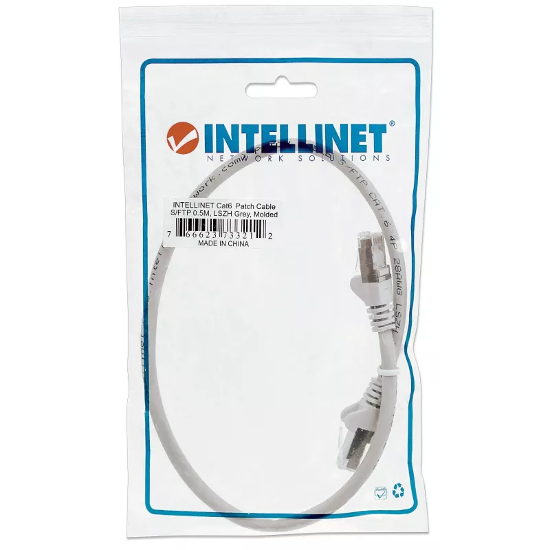 Intellinet Netzwerk-Patchkabel, Cat6, 0,5 m, Grau, Kupfer, S/FTP, LSOH/LSZH, PVC, RJ45, vergoldete Kontakte, Knickschutzhülle, angespritzter Knick- und Zugentlastungs-Boot, lebenslange Garantie