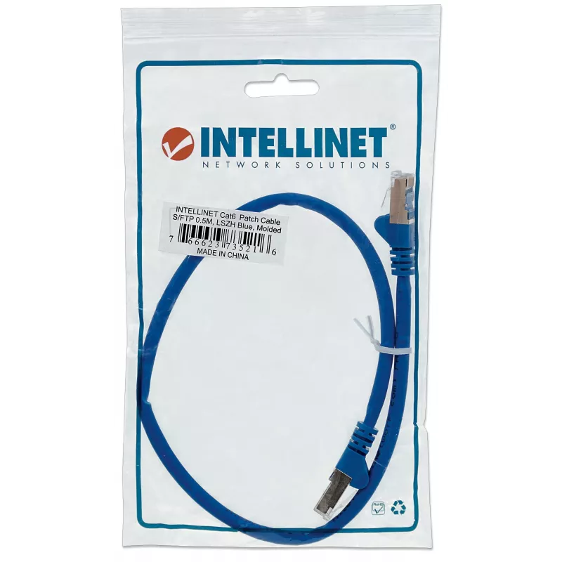 Intellinet Netzwerk-Patchkabel, Cat6, 0,5 m, Blau, Kupfer, S/FTP, LSOH / LSZH, PVC, RJ45, vergoldete Kontakte, Snagless, mit Knickschutz, lebenslange Garantie