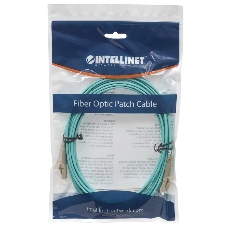 Intellinet Glasfaser-Patchkabel, OM3, LC/LC, 3 m, Aqua, Duplex, Multimode, 50/125 µm, LSZH, Faser, lebenslange Garantie