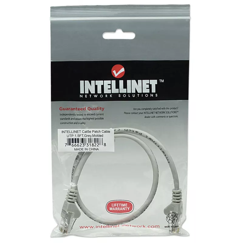 Intellinet Netzwerk-Patchkabel, Cat5e, 0,5 m, Grau, CCA, U/UTP, PVC, RJ45, vergoldete Kontakte, rastnasenfrei, Knickschutz, lebenslange Garantie