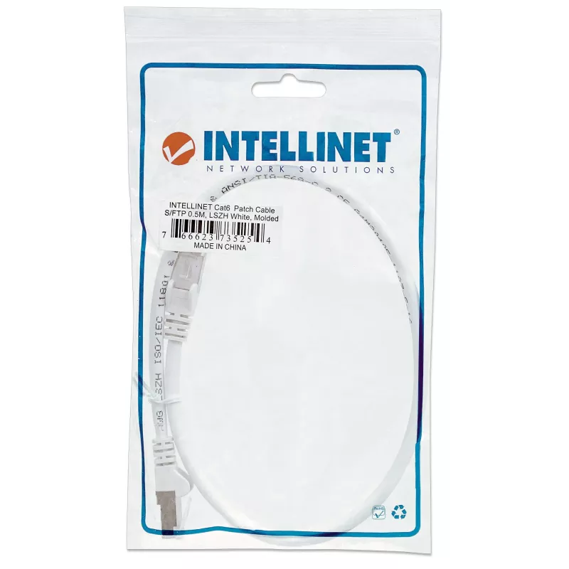 Intellinet Netzwerk-Patchkabel, Cat6, 0,5 m, Weiß, Kupfer, S/FTP, LSOH / LSZH, PVC, RJ45, vergoldete Kontakte, Rastnasenschutz, Knickschutztülle, lebenslange Garantie