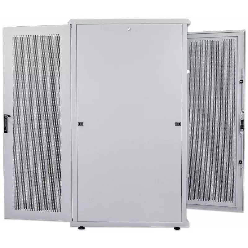 Intellinet 19 Zoll Serverschrank – freistehend, 42 HE, 600 x 1000 mm (B x T), grau, montiert, max. 1500 kg, Mehrpunkt-Türschloss, ein Schloss pro Seitenwand, nutzbare Tiefe 123 bis 773 mm, IP20, Rack, Stahl