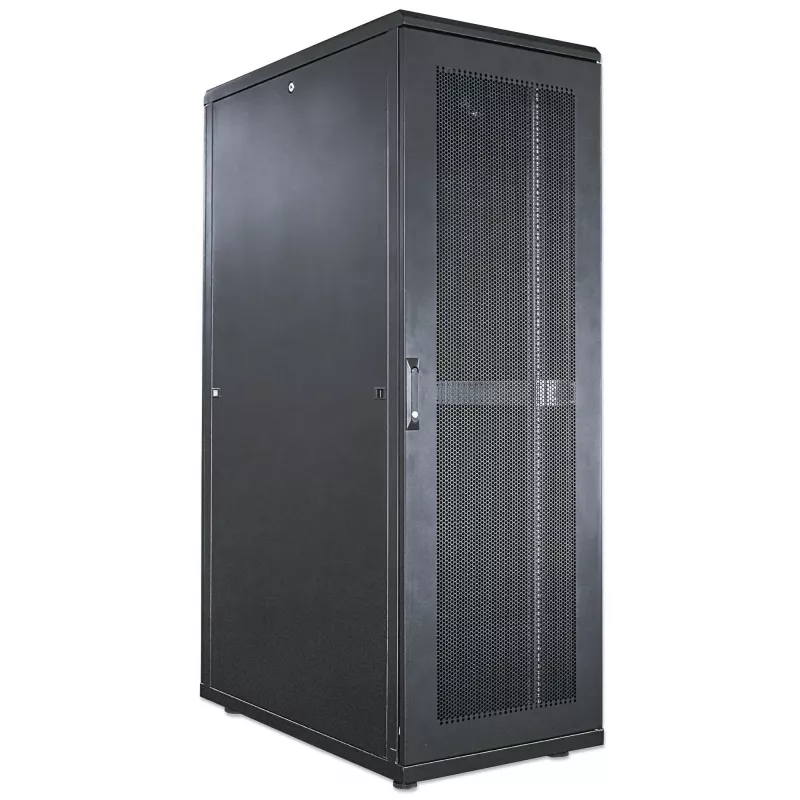 Intellinet 19 Zoll Serverschrank – freistehend, 42HE, 600x1000mm (Breite x Tiefe), Schwarz, Flatpack, max. 1500kg, Mehrpunkt-Türverriegelung, ein Schloss pro Seitenwand, nutzbare Tiefe 123 bis 773mm, IP20, Rack, Stahl