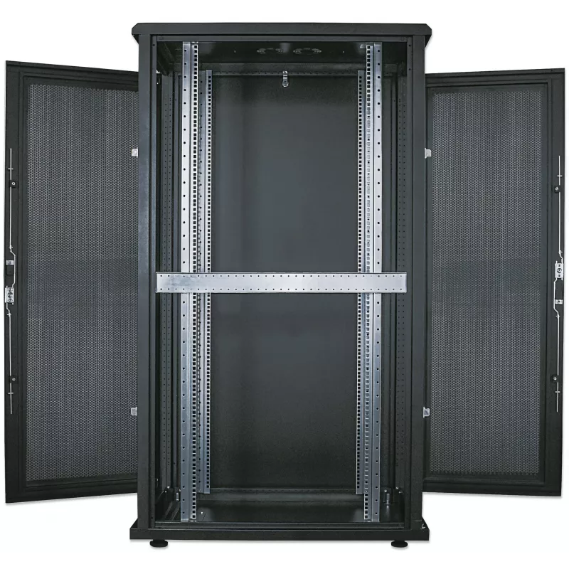 Intellinet 19 Zoll Serverschrank – freistehend, 42HE, 600x1000mm (Breite x Tiefe), Schwarz, Flatpack, max. 1500kg, Mehrpunkt-Türverriegelung, ein Schloss pro Seitenwand, nutzbare Tiefe 123 bis 773mm, IP20, Rack, Stahl