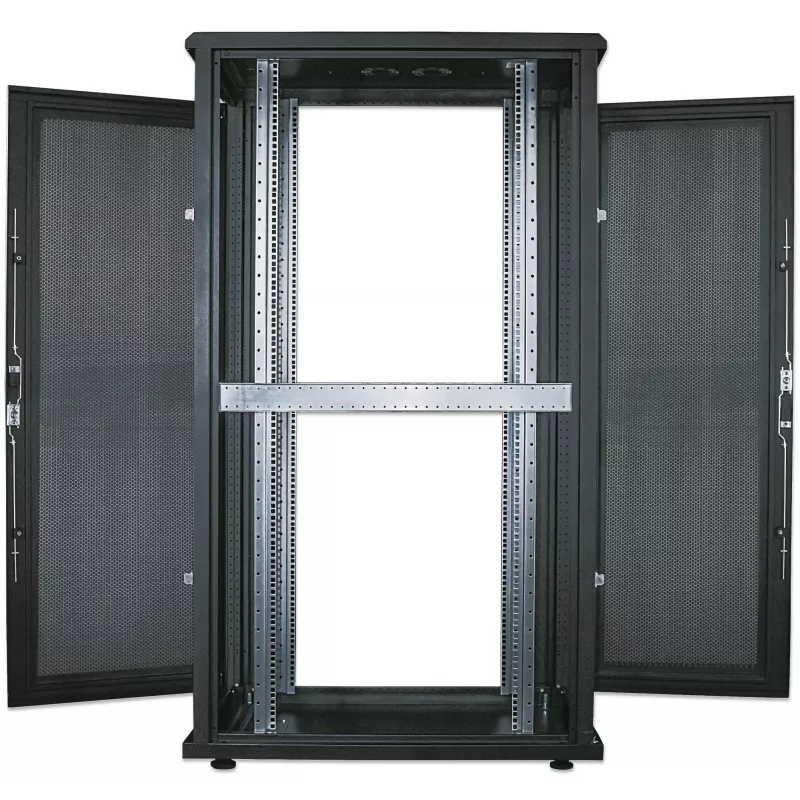 Intellinet 19 Zoll Serverschrank – freistehend, 42HE, 600x1000mm (Breite x Tiefe), Schwarz, Flatpack, max. 1500kg, Mehrpunkt-Türverriegelung, ein Schloss pro Seitenwand, nutzbare Tiefe 123 bis 773mm, IP20, Rack, Stahl