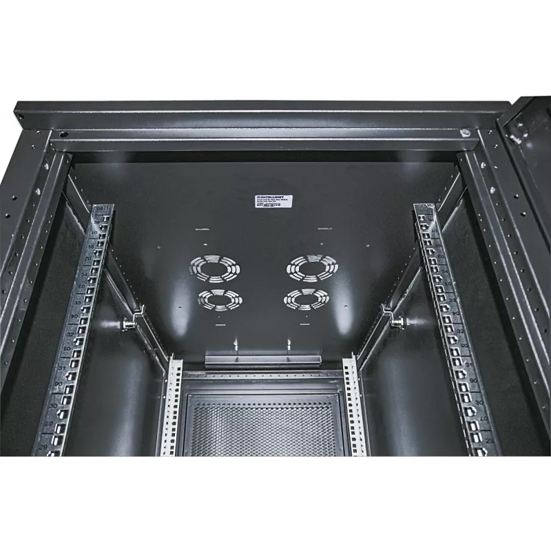 Intellinet 19-Zoll Serverschrank – freistehend, 42HE, 800 x 1000 mm (B x T), schwarz, montiert, max. 1500 kg, Mehrpunkt-Türverriegelung, eine Verriegelung pro Seitenwand, nutzbare Tiefe 123 bis 773 mm, IP20, Rack, Stahl