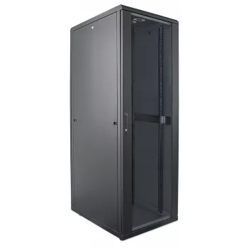 Intellinet 19-Zoll-Netzwerkschrank – freistehend, 42HE, 800x800mm (Breite x Tiefe), Schwarz, Flatpack, max. 1500kg, Mehrpunkt-Türverriegelung, ein Schloss pro Seitenwand, nutzbare Tiefe 123 bis 573mm, IP20, Rack, Stahl