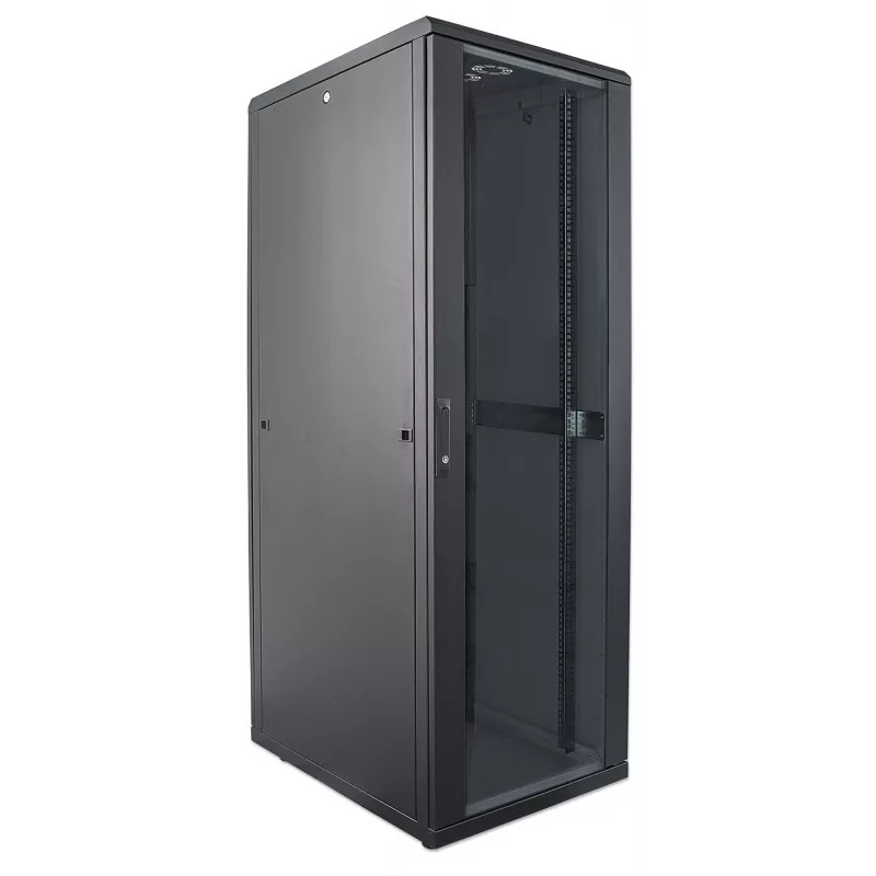Intellinet 19-Zoll-Netzwerkschrank – freistehend, 42HE, 800x800mm (Breite x Tiefe), Schwarz, Flatpack, max. 1500kg, Mehrpunkt-Türverriegelung, ein Schloss pro Seitenwand, nutzbare Tiefe 123 bis 573mm, IP20, Rack, Stahl