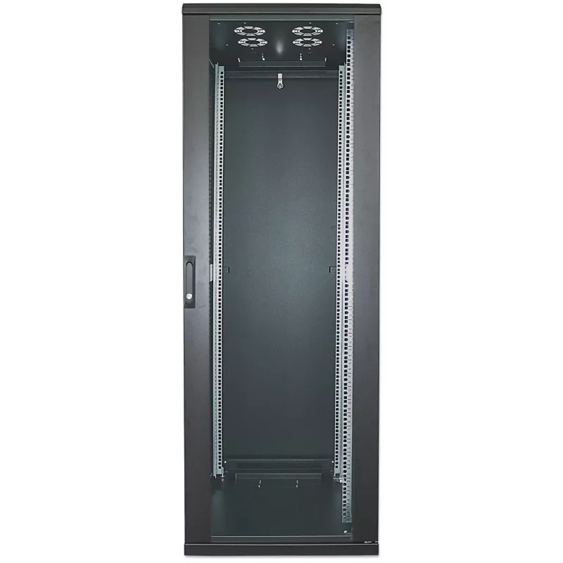 Intellinet 19-Zoll-Netzwerkschrank – freistehend, 42HE, 800x800mm (Breite x Tiefe), Schwarz, Flatpack, max. 1500kg, Mehrpunkt-Türverriegelung, ein Schloss pro Seitenwand, nutzbare Tiefe 123 bis 573mm, IP20, Rack, Stahl