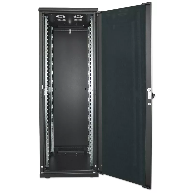 Intellinet 19-Zoll-Netzwerkschrank – freistehend, 42HE, 800x800mm (Breite x Tiefe), Schwarz, Flatpack, max. 1500kg, Mehrpunkt-Türverriegelung, ein Schloss pro Seitenwand, nutzbare Tiefe 123 bis 573mm, IP20, Rack, Stahl