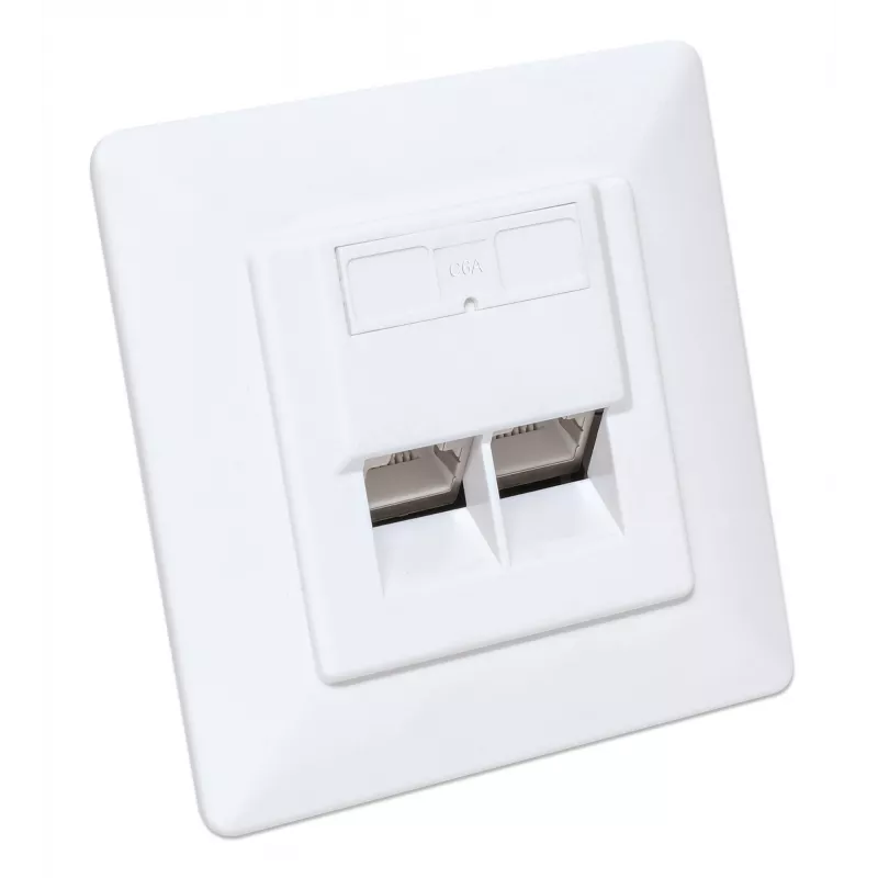 Intellinet 2-Port Cat6a 10G Geschirmte RJ45 Wanddose Unterputz mit Abdeckrahmen, STP, Signalweiß RAL9003
