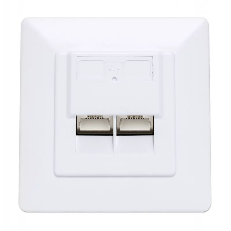 Intellinet 2-Port Cat6a 10G Geschirmte RJ45 Wanddose Unterputz mit Abdeckrahmen, STP, Signalweiß RAL9003