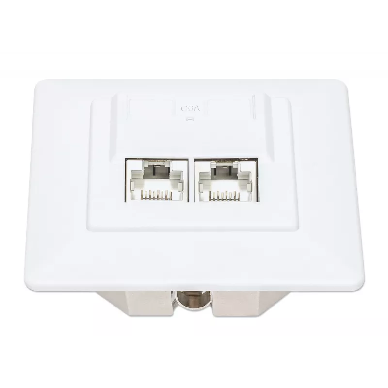 Intellinet 2-Port Cat6a 10G Geschirmte RJ45 Wanddose Unterputz mit Abdeckrahmen, STP, Signalweiß RAL9003