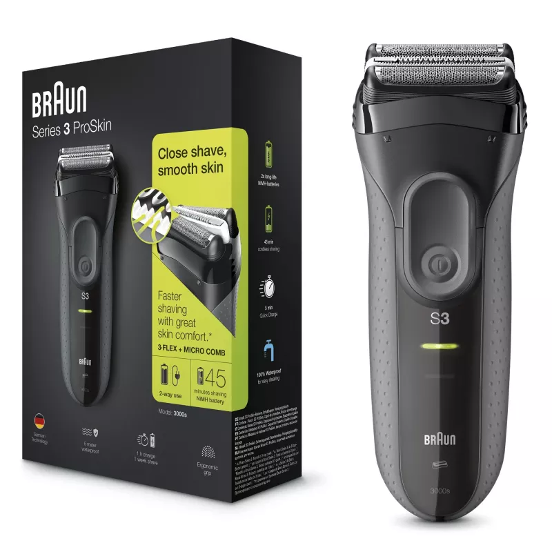 Braun Series 3 Series 3000 Rasierer, Folienrasierer, Schwarz, 2 SensoFoil, LED, Betrieb, Netz/Batterie