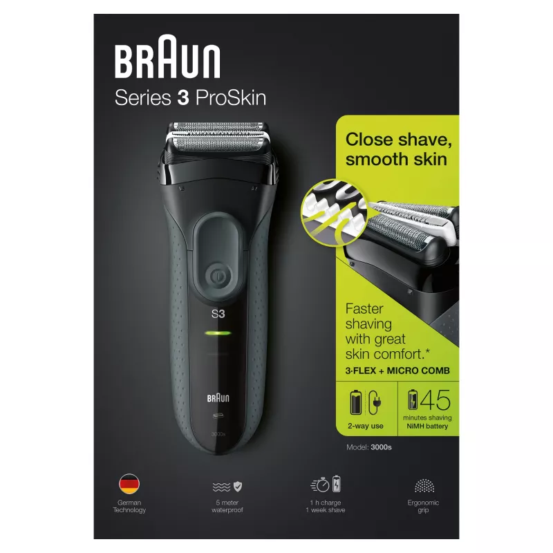 Braun Series 3 Series 3000 Rasierer, Folienrasierer, Schwarz, 2 SensoFoil, LED, Betrieb, Netz/Batterie