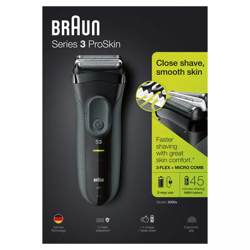 Braun Series 3 Series 3000 Rasierer, Folienrasierer, Schwarz, 2 SensoFoil, LED, Betrieb, Netz/Batterie