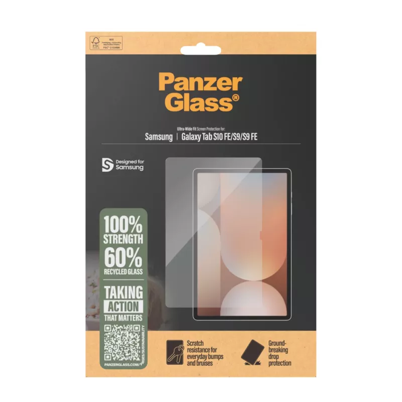 Bildschirmschutzfolie PanzerGlass für Samsung Galaxy Tab S9 / S9 FE / S10 FE — gehärtetes Glas, PET, Silikon, transparent, Ultra‑Wide Fit