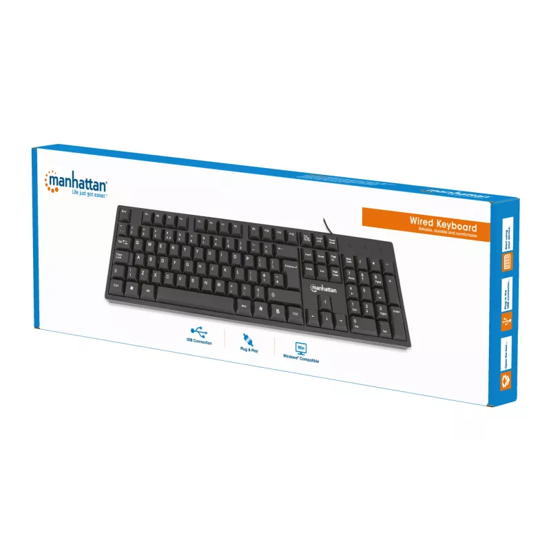 Manhattan Tastatur USB Kabelgebunden, Schwarz, Tasten in voller Größe, Kabel 1,5 m, USB-A-Anschluss, Plug and Play, Drei Jahre Garantie
