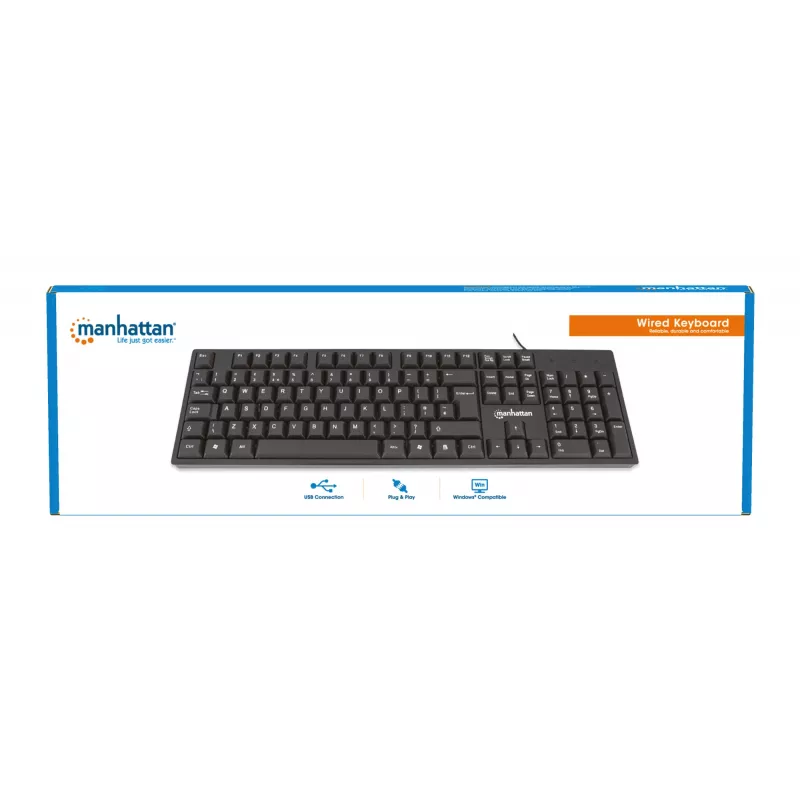 Manhattan Tastatur USB Kabelgebunden, Schwarz, Tasten in voller Größe, Kabel 1,5 m, USB-A-Anschluss, Plug and Play, Drei Jahre Garantie