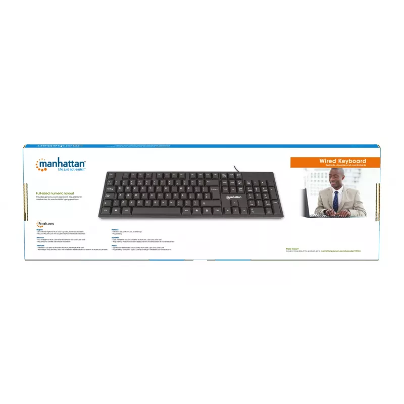 Manhattan Tastatur USB Kabelgebunden, Schwarz, Tasten in voller Größe, Kabel 1,5 m, USB-A-Anschluss, Plug and Play, Drei Jahre Garantie