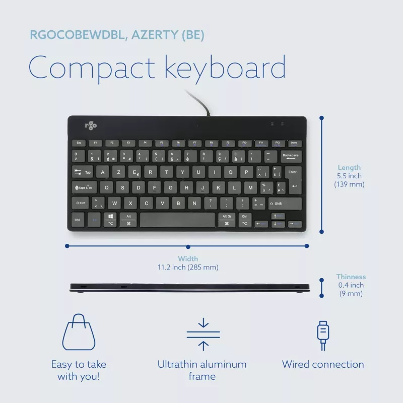 R-Go Tools Ergonomische Tastatur R-Go Compact Break, kompakte Tastatur mit Pausensoftware, AZERTY (BE), kabelgebunden, schwarz