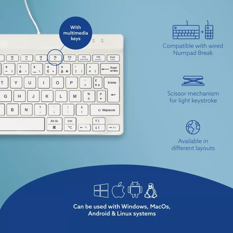 R-Go Tools Ergonomische Tastatur R-Go Compact Break, kompakte Tastatur mit Pausensoftware, AZERTY (FR), kabelgebunden, weiß