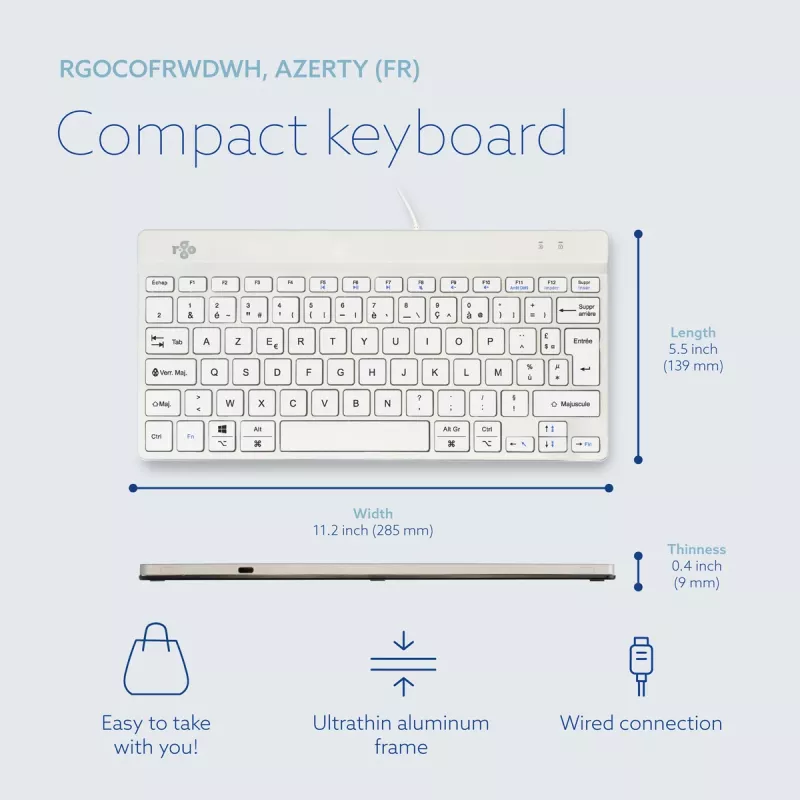 R-Go Tools Ergonomische Tastatur R-Go Compact Break, kompakte Tastatur mit Pausensoftware, AZERTY (FR), kabelgebunden, weiß