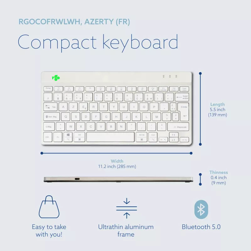 R-Go Tools Ergonomische Tastatur R-Go Compact Break, kompakte Tastatur mit Pausensoftware, AZERTY (FR), Bluetooth, weiß