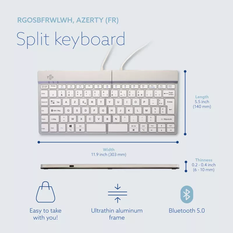 R-Go Tools Ergonomische Tastatur R-Go Split Break mit Pausensoftware, ergonomische geteilte Tastatur, AZERTY (FR), Bluetooth, weiß