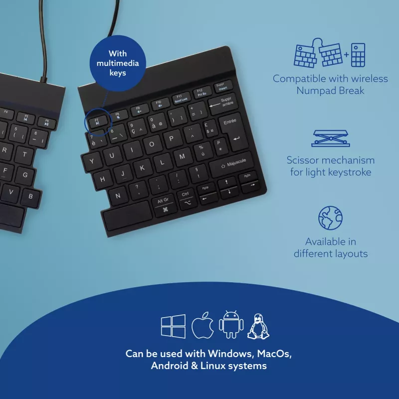 R-Go Tools Ergonomische Tastatur R-Go Split Break mit Pausensoftware, ergonomische geteilte Tastatur, AZERTY (FR), Bluetooth, schwarz