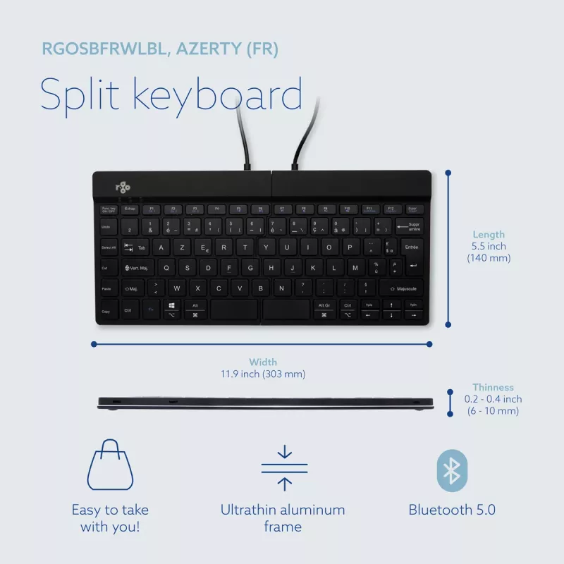 R-Go Tools Ergonomische Tastatur R-Go Split Break mit Pausensoftware, ergonomische geteilte Tastatur, AZERTY (FR), Bluetooth, schwarz