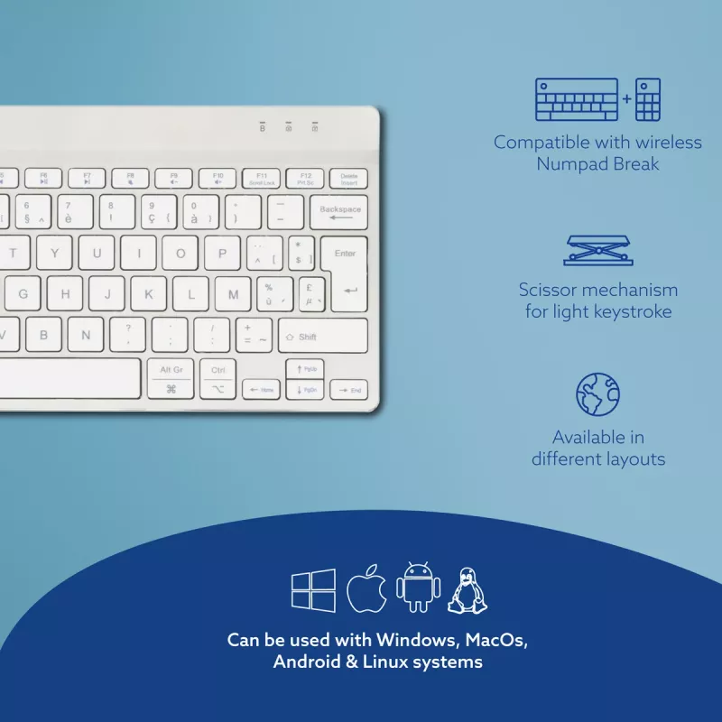 R-Go Tools Ergonomische Tastatur R-Go Compact Break, kompakte Tastatur mit Pausensoftware, AZERTY (BE), Bluetooth, weiß