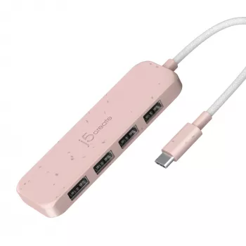 USB-C auf 4-Port USB-A Gen 2 Hub j5create — 10 Gbit/s, USB 3.2, Rose, recyceltes ABS-Kunststoff, 100×27×19 mm